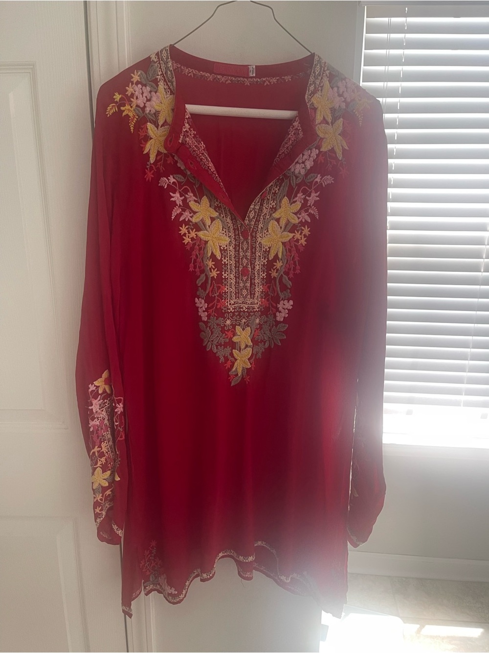 Johnny Was Red Embroidered V-Neck Tunic with Yellow & Pink Floral Detail
